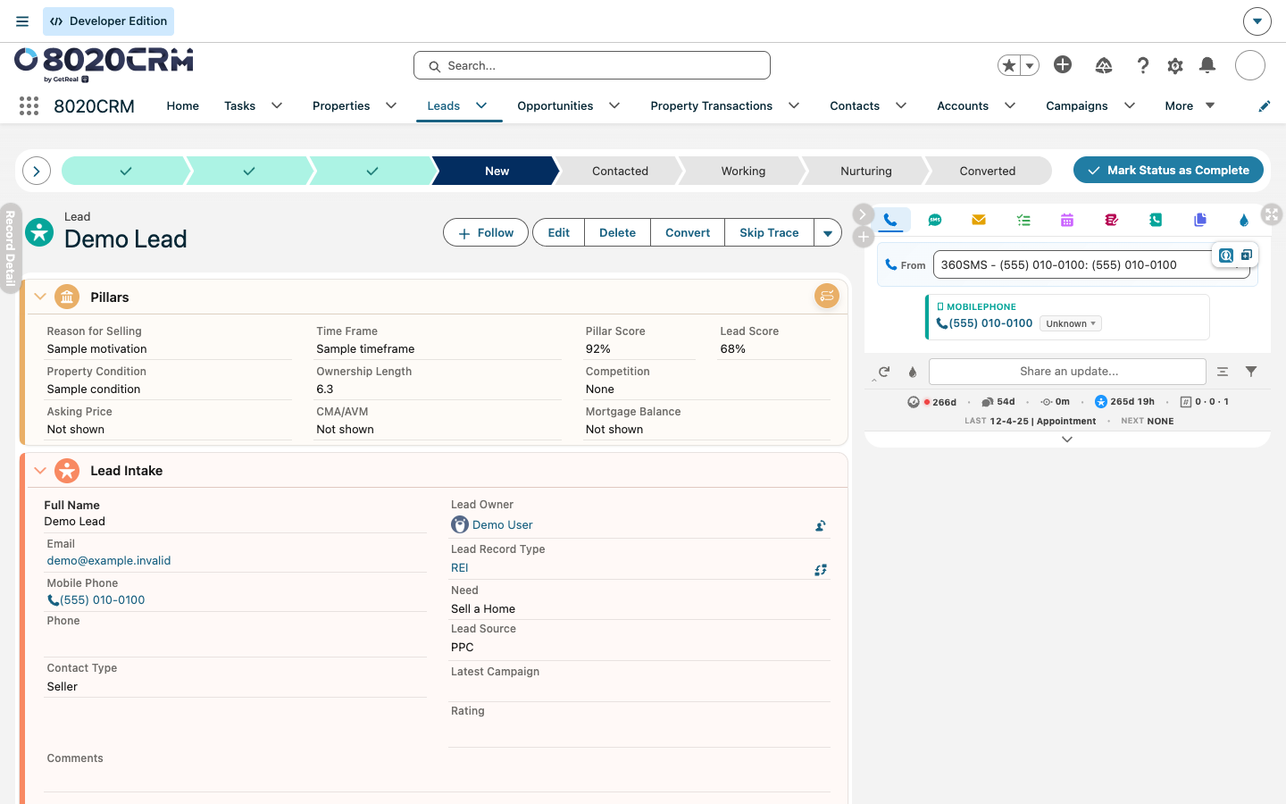 Sanitized Lead workspace with lifecycle path, intake form, qualification pillars, and activity controls
