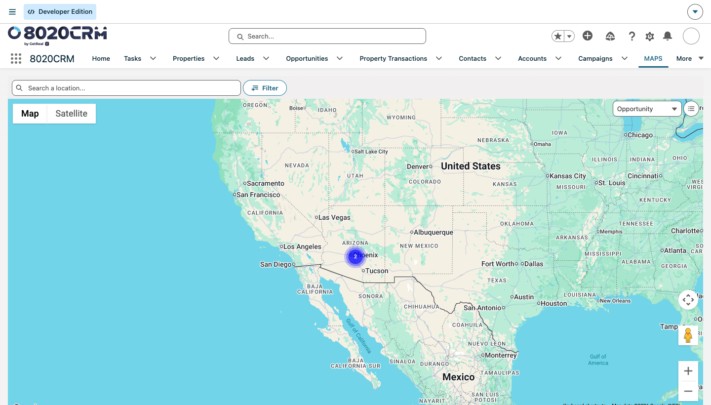 MAPS workspace with location search, filters, record context, and a broad map view